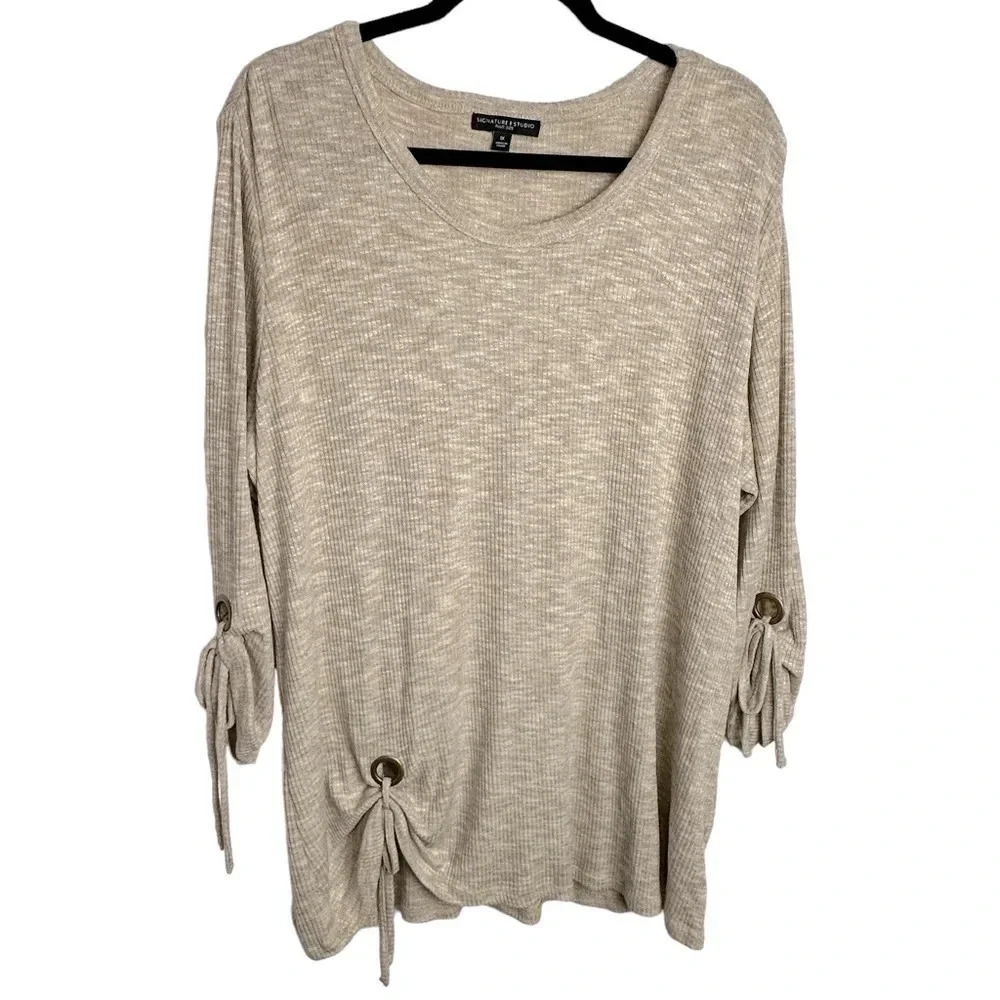 Signature Studio 1X oatmeal scoop neck tie up waist & sleeves
